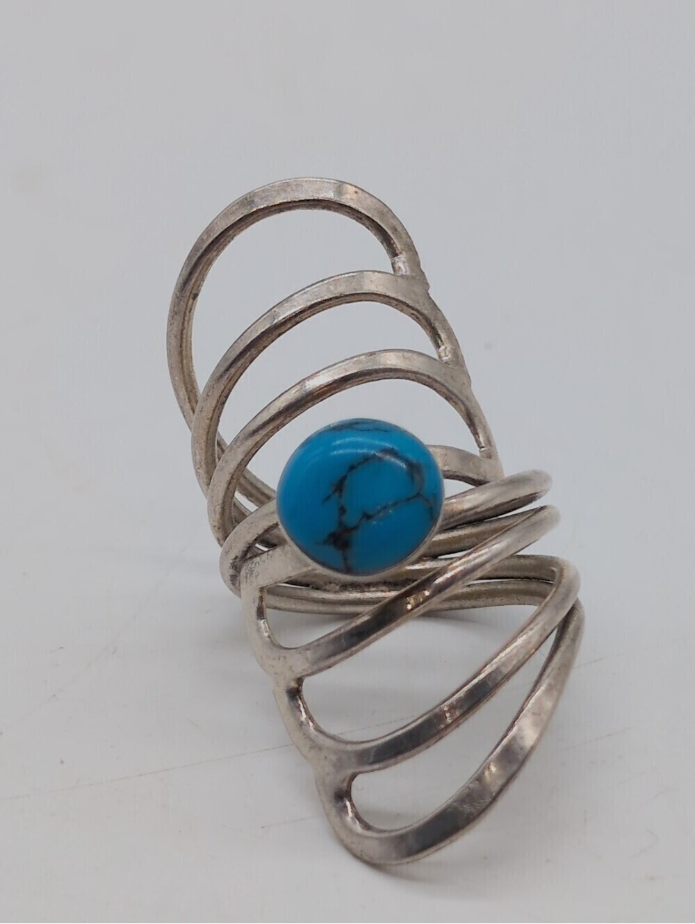 Turquoise Stone 925 Sterling Silver Spiral Bohemian Sz 6.25 Cocktail Ring 43mm
